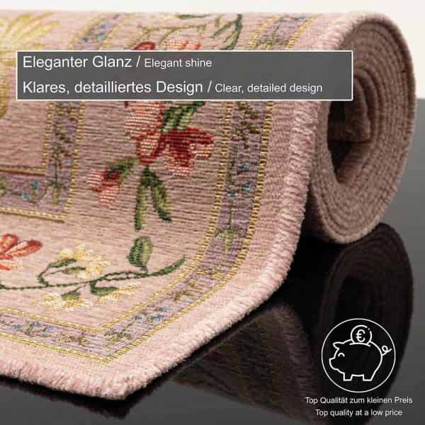 Drei Teppiche mit floralen Mustern in sanften Farbtönen, angeordnet in verschiedenen Größen: ein länglicher Teppich und zwei rechteckige Teppiche. Sie verzaubern mit lebendigen Farben und zarten Designs.