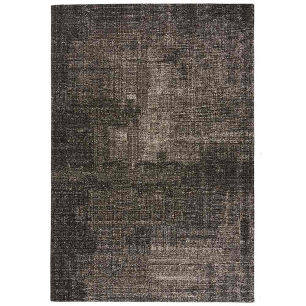 Dunkler Webteppich mit strukturiertem Muster und subtilen Farbnuancen. Der Teppich ist strapazierfähig und eignet sich für vielfältige Wohnanwendungen.