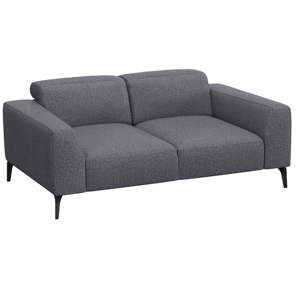 Schwarzes Sofa VOLUZZI mit modernen Designs, zwei Sitzflächen und geraden Armlehnen steht auf schmalen Füßen. Es ist für individuelle Gestaltung und hochwertige Materialien konzipiert.