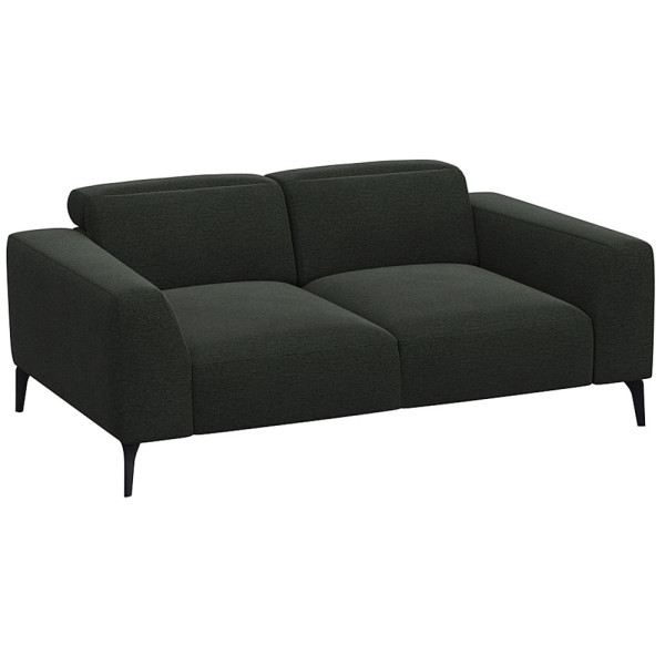 Schwarzes Sofa VOLUZZI mit modernen Designs, zwei Sitzflächen und geraden Armlehnen steht auf schmalen Füßen. Es ist für individuelle Gestaltung und hochwertige Materialien konzipiert.