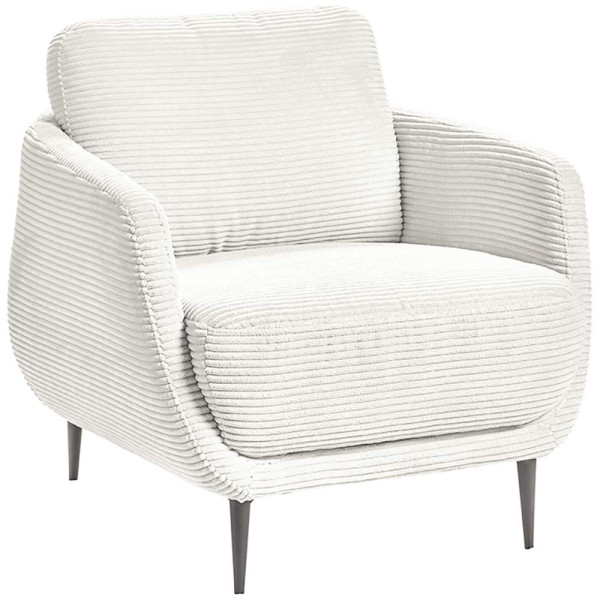 Moderner cordsessel in heller Farbe sitzt auf vier schlanken Metallbeinen. Der Sessel hat eine strukturierte Oberfläche und sowohl Armlehnen als auch eine bequeme Rückenlehne.