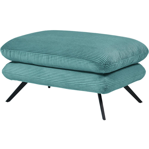 Türkisfarbener Hocker mit zwei gepolsterten Kissen, der auf schmalen schwarzen Metallbeinen steht. Er ist ideal für modernes Wohndesign geeignet.