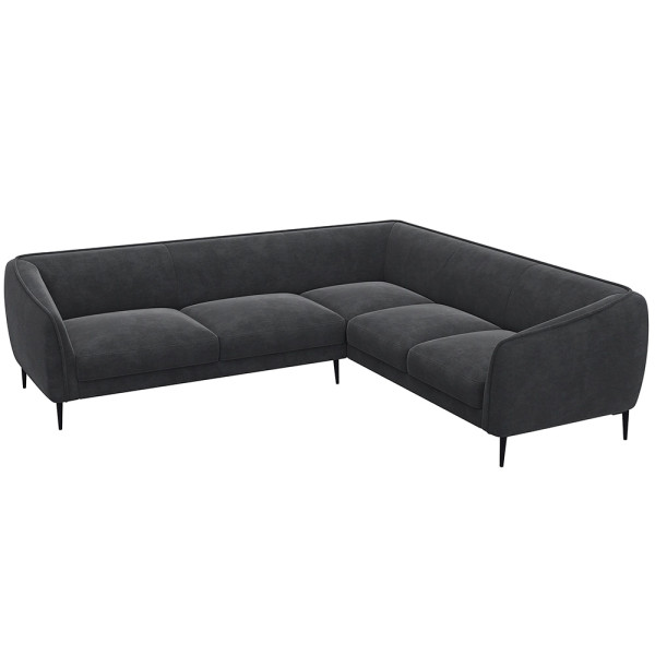 Ecksofa BELLE in hellem Stoff mit gepolsterten Sitzflächen und schmalen schwarzen Beinen. Das Sofa bietet modernen Komfort und lädt zum Entspannen ein.
