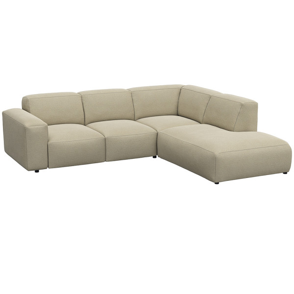 Graues, modulares Sofa LUCERA mit offener Ecke steht dekorativ. Es bietet bequeme Sitzmöglichkeiten und passt sich dem Raumdesign an. Ideal für eine stilvolle Inneneinrichtung.