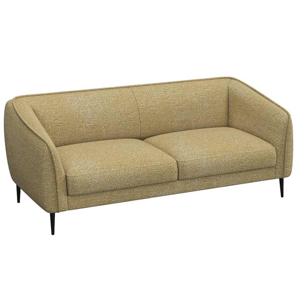 Graues Sofa mit abgerundeten Armlehnen und zwei Polsterkissen auf den Sitzflächen steht auf schmalen, schwarzen Beinen. Es eignet sich für individuelle Anpassungen und ist als Wunschsofa erhältlich.