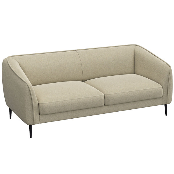 Graues Sofa mit abgerundeten Armlehnen und zwei Polsterkissen auf den Sitzflächen steht auf schmalen, schwarzen Beinen. Es eignet sich für individuelle Anpassungen und ist als Wunschsofa erhältlich.