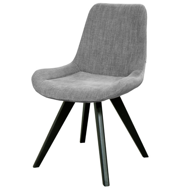 Grauer Polsterstuhl mit modernen benetzten Sitzflächen und Massivholzfüßen steht aufrecht. Der Stuhl eignet sich gut für stilvolle Innenräume und wird derzeit zu einem reduzierten Preis von 159,00 € angeboten.