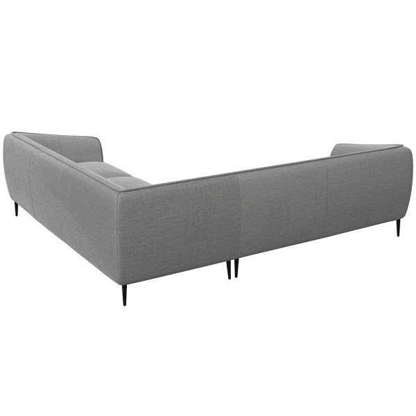 Ecksofa BELLE in hellem Stoff mit gepolsterten Sitzflächen und schmalen schwarzen Beinen. Das Sofa bietet modernen Komfort und lädt zum Entspannen ein.