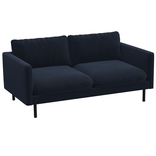 Graues Sofa mit zwei breiten Kissen und schmalen Armlehnen steht auf schlanken, schwarzen Beinen. Das Design ist modern und schlicht, geeignet für verschiedene Wohnstile.