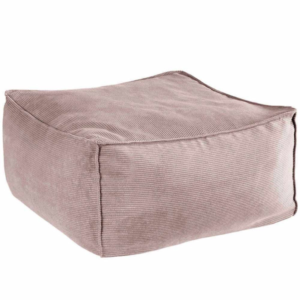 Weicher Cordhocker in sandfarbener Ausführung. Der Hocker hat eine quadratische Form mit sanften, abgerundeten Kanten und ist für vielseitige Sitzgelegenheiten geeignet.