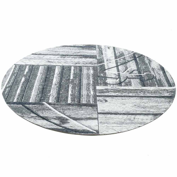 Grau-musteriger Teppich mit unterschiedlichen Holzstrukturen und Linien. Der Teppich hat einen kreisförmigen Schnitt und zeigt eine beruhigende, elegante Textur.