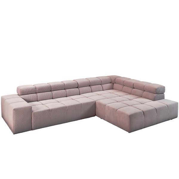 Cordsofa Oregon ist eine moderne Polstergarnitur in zartem Altrosa. Die Couch hat eine L-Form mit einer rechteckigen Ottomane und bietet komfortable, gepolsterte Sitzflächen.