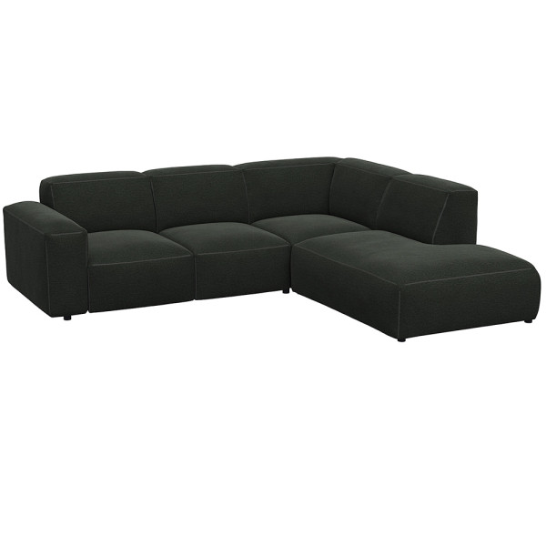 Graues, modulares Sofa LUCERA mit offener Ecke steht dekorativ. Es bietet bequeme Sitzmöglichkeiten und passt sich dem Raumdesign an. Ideal für eine stilvolle Inneneinrichtung.