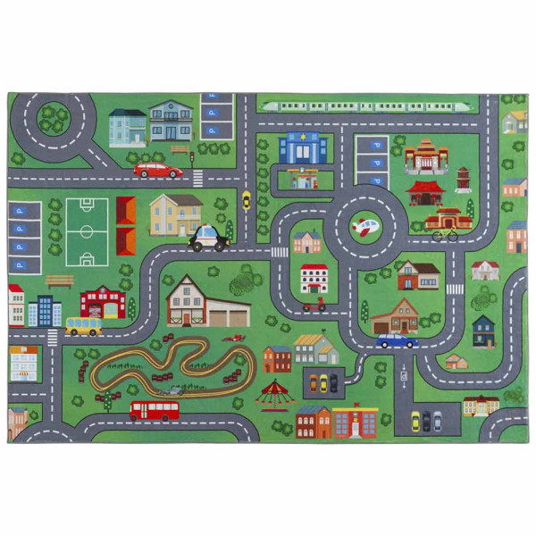 Spielteppich mit bunten Motiven einer Stadt, Straßen, Fahrzeugen und Spielplätzen, die Kindern das Spielen und Entdecken ermöglichen.