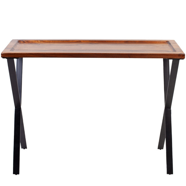 Moderner Konsolentisch aus Massivholz mit einem rechteckigen Holztablett und metallischen X-förmigen Beinen. Der Tisch kostet 249,00 € und ist sofort versandfertig.
