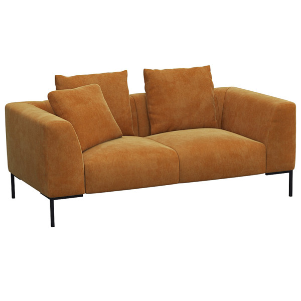 Helles, modernes Sofa in hellbeiger Farbe mit zwei Kissen. Es hat eine schlichte, rechteckige Form und steht auf schwarzen Beinen. Die Oberfläche wirkt einladend und bequem.