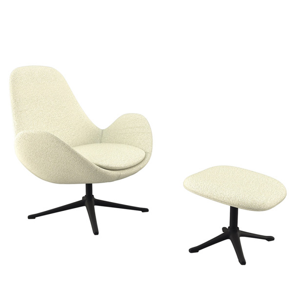 Ein weißer Sessel mit geschwungenem Design und schwarzem Metallfuß steht bereit. Der Sessel bietet einen komfortablen Platz zum Sitzen und Entspannen.