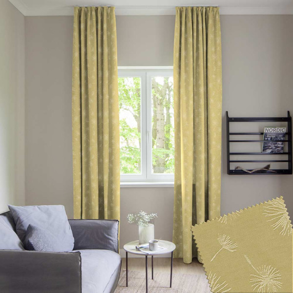 Gelber Stoff mit floralem Muster von Pusteblumen in Weiß. Der Stoff eignet sich für die Herstellung von Vorhängen und Dekorationen. Qualität und Design sind auf hochwertige Verarbeitung ausgelegt.