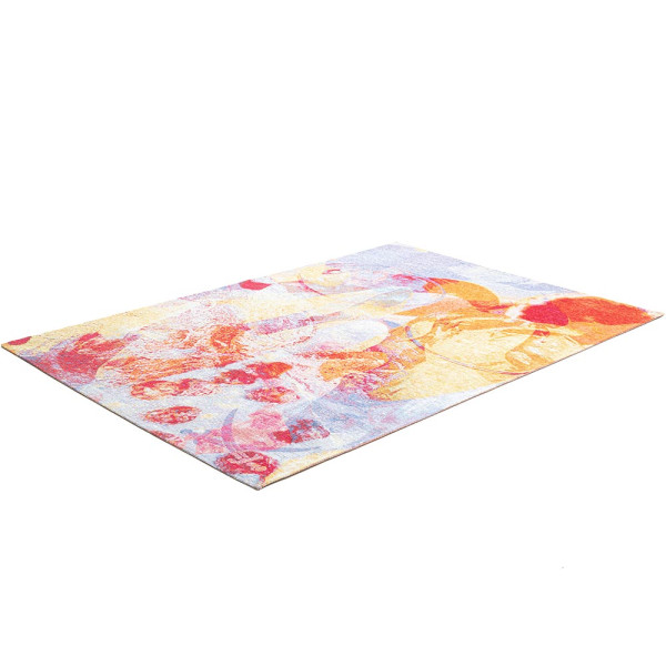 Bunt gestalteter Teppich mit kreisförmigen, hellen Mustern in Gelb, Orange und Rot auf einem sanften blauen Hintergrund. Der Teppich wirkt modern und einladend.