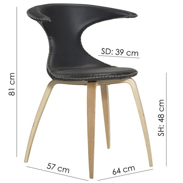 Schwarzer Stuhl mit einem einzigartigen Design aus Kunstleder und Holzbeinen. Der Stuhl Flair hat eine markante Rückenlehne und eignet sich für moderne Inneneinrichtungen.