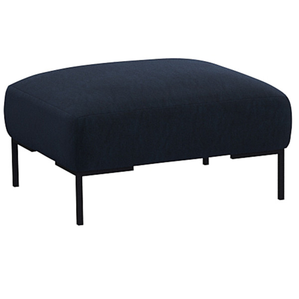 Beige Hocker SAVA mit quadratischem Polster und schwarzem Metallgestell steht auf einem Boden. Der Hocker eignet sich zur individuellen Gestaltung und wird professionell gefertigt.