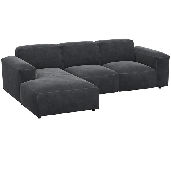 Graues Sofa LUCERA mit Chaiselongue. Es besteht aus hochwertigen Materialien und bietet eine moderne, komfortable Sitzgelegenheit für Wohnzimmer. Das Design ist geradlinig und ansprechend.