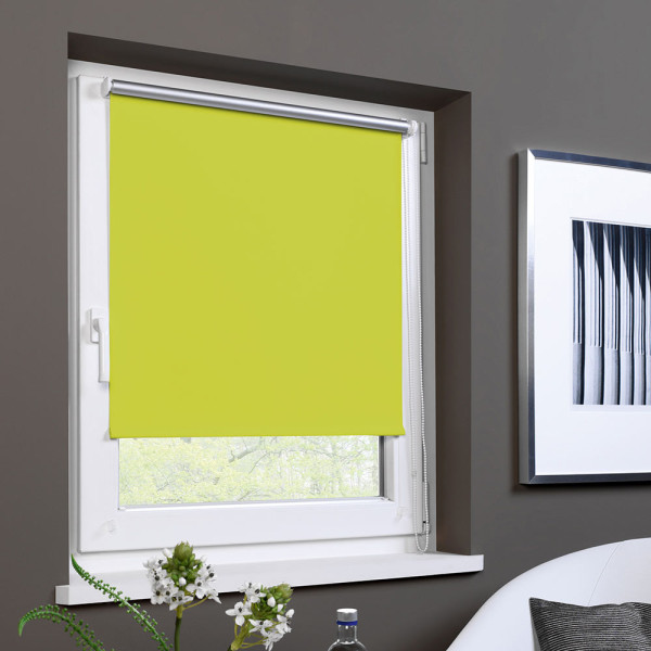 Hellgrünes Seitenzugrollo ALICIA ist im Fenster aufgewickelt und blockiert das Licht. Es wird von einer weißen Fensterleiste und einer dunklen Wand umgeben. Eine moderne Einrichtung ergänzt das Ambiente.