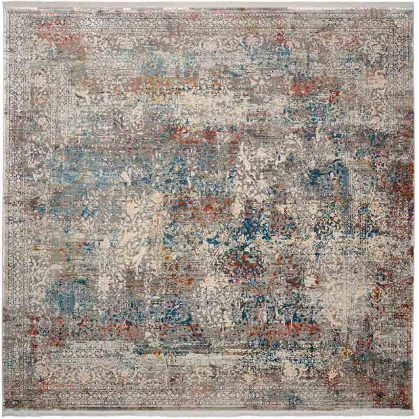 Beige-grauer Teppich mit orientalischem Design, der eine Mischung aus verschiedenen Farben und Mustern enthält. Das Muster wirkt vintage und verleiht einen eleganten Look im Innenraum.