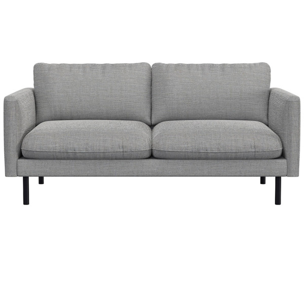 Graues Sofa mit zwei breiten Kissen und schmalen Armlehnen steht auf schlanken, schwarzen Beinen. Das Design ist modern und schlicht, geeignet für verschiedene Wohnstile.