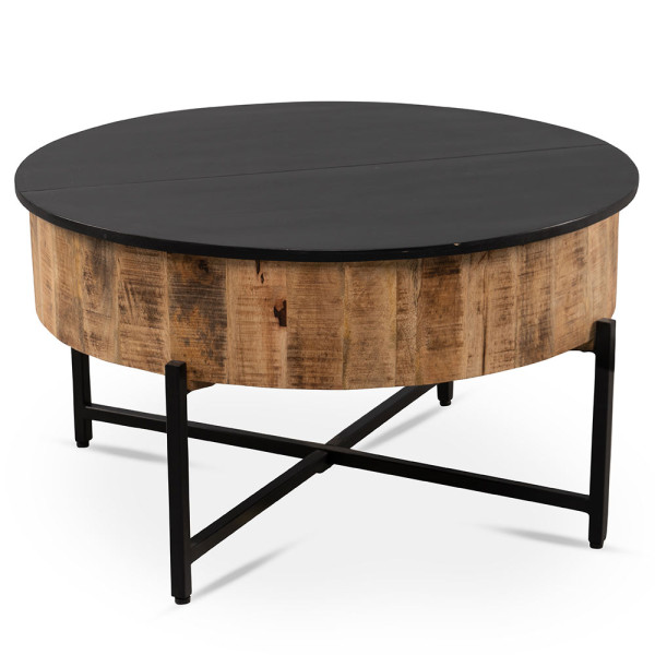 Runder Couchtisch mit schwarzer Oberfläche und Holzunterbau. Er steht auf einem stabilen Metallgestell und verleiht dem Raum einen modernen Akzent.