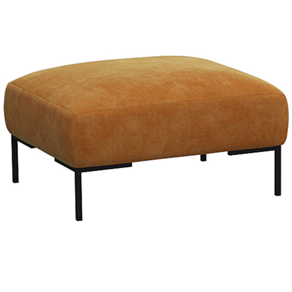Beige Hocker SAVA mit quadratischem Polster und schwarzem Metallgestell steht auf einem Boden. Der Hocker eignet sich zur individuellen Gestaltung und wird professionell gefertigt.