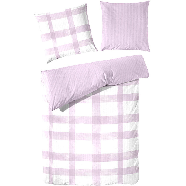 Seersucker Wende-Bettwäsche, Knutzen Wohnen, kariert, weiß flieder, 155cm x 220cm, 100% Baumwolle