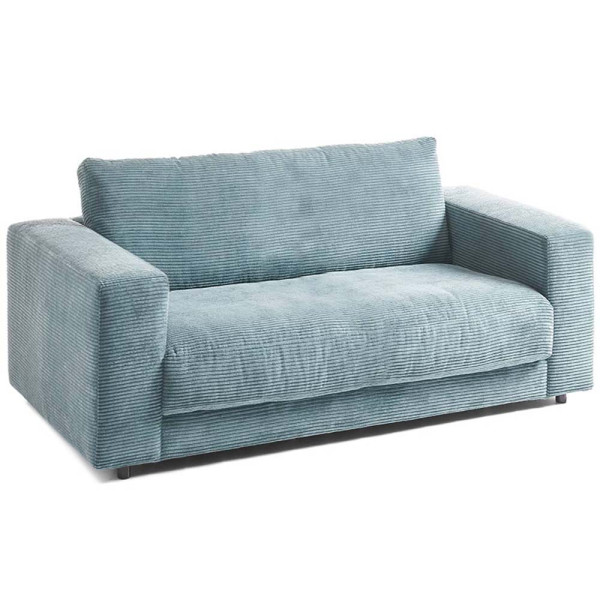 Cordsofa Seventies in hellblau mit breitem Rücken, zwei Armlehnen und einem modernen, geradlinigen Design steht auf einem Holzrahmen. Maße: 170 cm breit, Preis: 1.049,00 €.