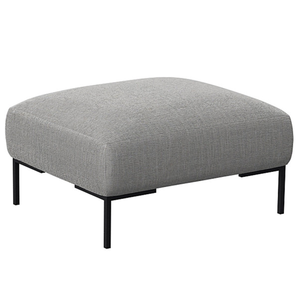 Beige Hocker SAVA mit quadratischem Polster und schwarzem Metallgestell steht auf einem Boden. Der Hocker eignet sich zur individuellen Gestaltung und wird professionell gefertigt.