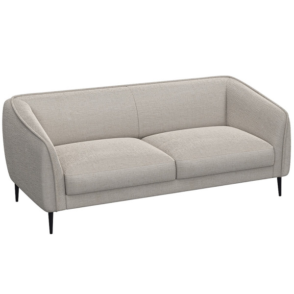 Graues Sofa mit abgerundeten Armlehnen und zwei Polsterkissen auf den Sitzflächen steht auf schmalen, schwarzen Beinen. Es eignet sich für individuelle Anpassungen und ist als Wunschsofa erhältlich.