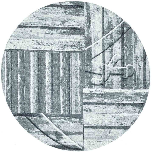 Grau-musteriger Teppich mit unterschiedlichen Holzstrukturen und Linien. Der Teppich hat einen kreisförmigen Schnitt und zeigt eine beruhigende, elegante Textur.