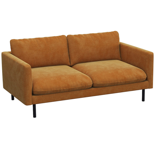 Graues Sofa mit zwei breiten Kissen und schmalen Armlehnen steht auf schlanken, schwarzen Beinen. Das Design ist modern und schlicht, geeignet für verschiedene Wohnstile.