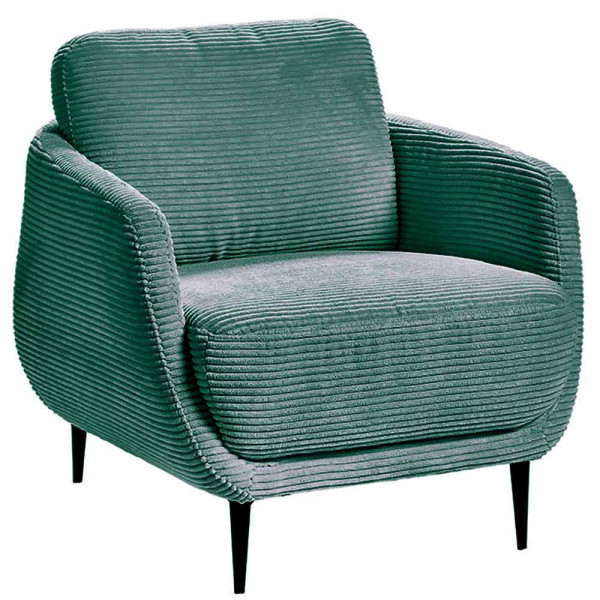 Cordsessel Liv hat eine grüne, gerippt strukturierte Oberfläche. Er steht auf schmalen schwarzen Füßen und bietet modernes Design mit komfortabler Polsterung für Entspannung.