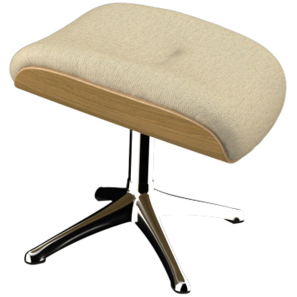 Stoffhocker Clement mit einem gepolsterten, beige-farbenen Sitz und einem Holzuntergestell aus Walnuss. Der Hocker hat eine moderne, elegante Form mit einem stabilen Metallfuß.