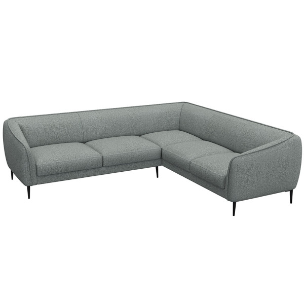 Ecksofa BELLE in hellem Stoff mit gepolsterten Sitzflächen und schmalen schwarzen Beinen. Das Sofa bietet modernen Komfort und lädt zum Entspannen ein.