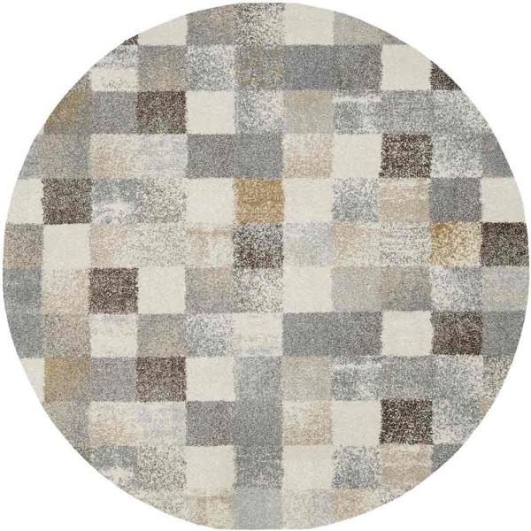 Runder Hochflor-Teppich mit großem Karo-Muster in Grau und Creme. Der Teppich hat flauschige Texturen und ist ideal für Wohnräume. Maße variieren zwischen 65 x 130 cm und 240 cm Durchmesser.