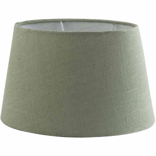 Ellipsenförmiger Lampenschirm in Mint aus Leinen steht auf einer ebenen Fläche. Der Schirm ist leicht strukturiert und bietet eine elegante Ausstrahlung. Der Preis beträgt 19,99 € inkl. MwSt.
