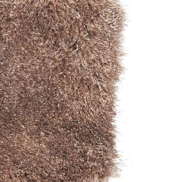 Hochflor-Teppich in brauner Farbe liegt auf einem Boden. Der Teppich zeigt eine weiche, flauschige Textur und hebt sich deutlich vom Untergrund ab. Er ist in einem eleganten Design konzipiert.