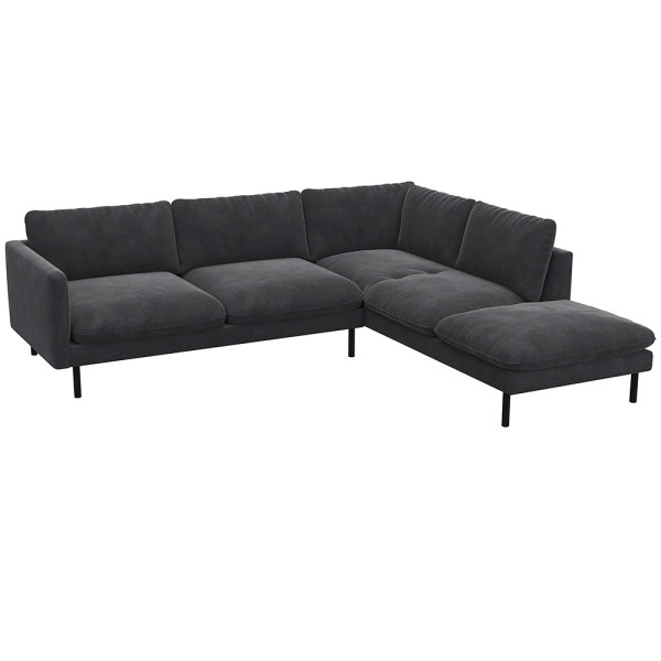 Grau, modernes Ecksofa BOLZANO mit offenem Ende steht auf schwarzen Metallbeinen. Es besitzt große, weiche Kissen und bietet Platz für mehrere Personen. Ideal für ein gemütliches Wohnzimmer.