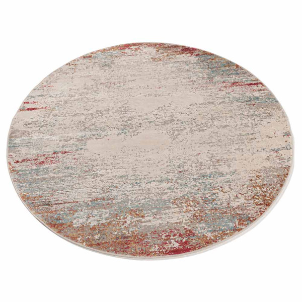 Runder Teppich in creme mit bunten Akzenten. Der Teppich hat ein modernes Design und zeigt eine zentrale, helle Fläche, die von Farbschattierungen umgeben ist.