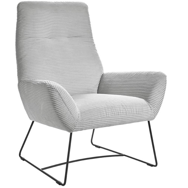 Moderner Cordsessel in Hellgrau mit gepolstertem Sitz und Rückenlehne, steht auf einem schlichten Metallgestell in Schwarz. Der Sessel bietet Komfort und zeitgemäßes Design für das Zuhause.
