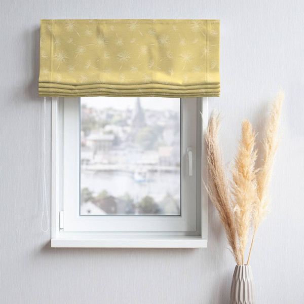 Gelber Stoff mit floralem Muster von Pusteblumen in Weiß. Der Stoff eignet sich für die Herstellung von Vorhängen und Dekorationen. Qualität und Design sind auf hochwertige Verarbeitung ausgelegt.