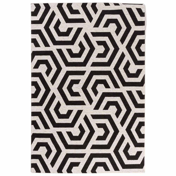 Geometrisch gestalteter Teppich mit schwarz-weißen hexagonalen Mustern liegt flach auf einer Oberfläche. Der Teppich eignet sich für stilvolle Innenräume.