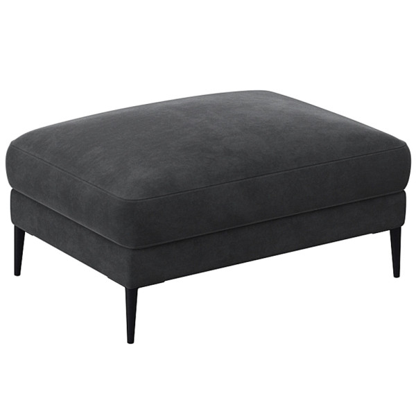 Hocker BELLE in orangefarbener, samtiger Polsterung mit vier schwarzen, schlanken Beinen. Er dient als stilvolles Möbelstück zur individuellen Gestaltung.
