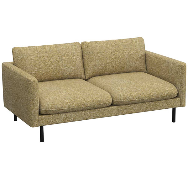 Graues Sofa mit zwei breiten Kissen und schmalen Armlehnen steht auf schlanken, schwarzen Beinen. Das Design ist modern und schlicht, geeignet für verschiedene Wohnstile.